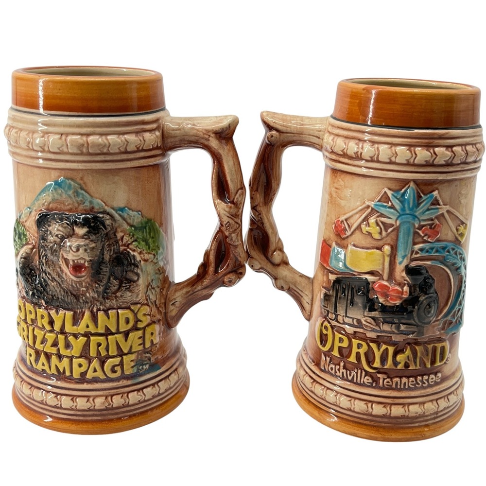 Vintage Opryland USA Nashville Grizzly River Rampage Beer Steins Set of 2 Japan